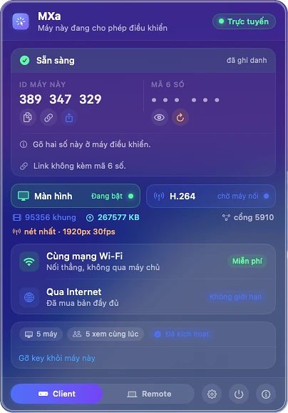 The MXa menu bar panel in Client mode